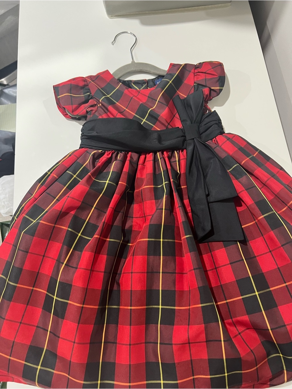 Ralph Lauren Red and Black Plaid Holiday Dress with Black Sash - Girls 3t